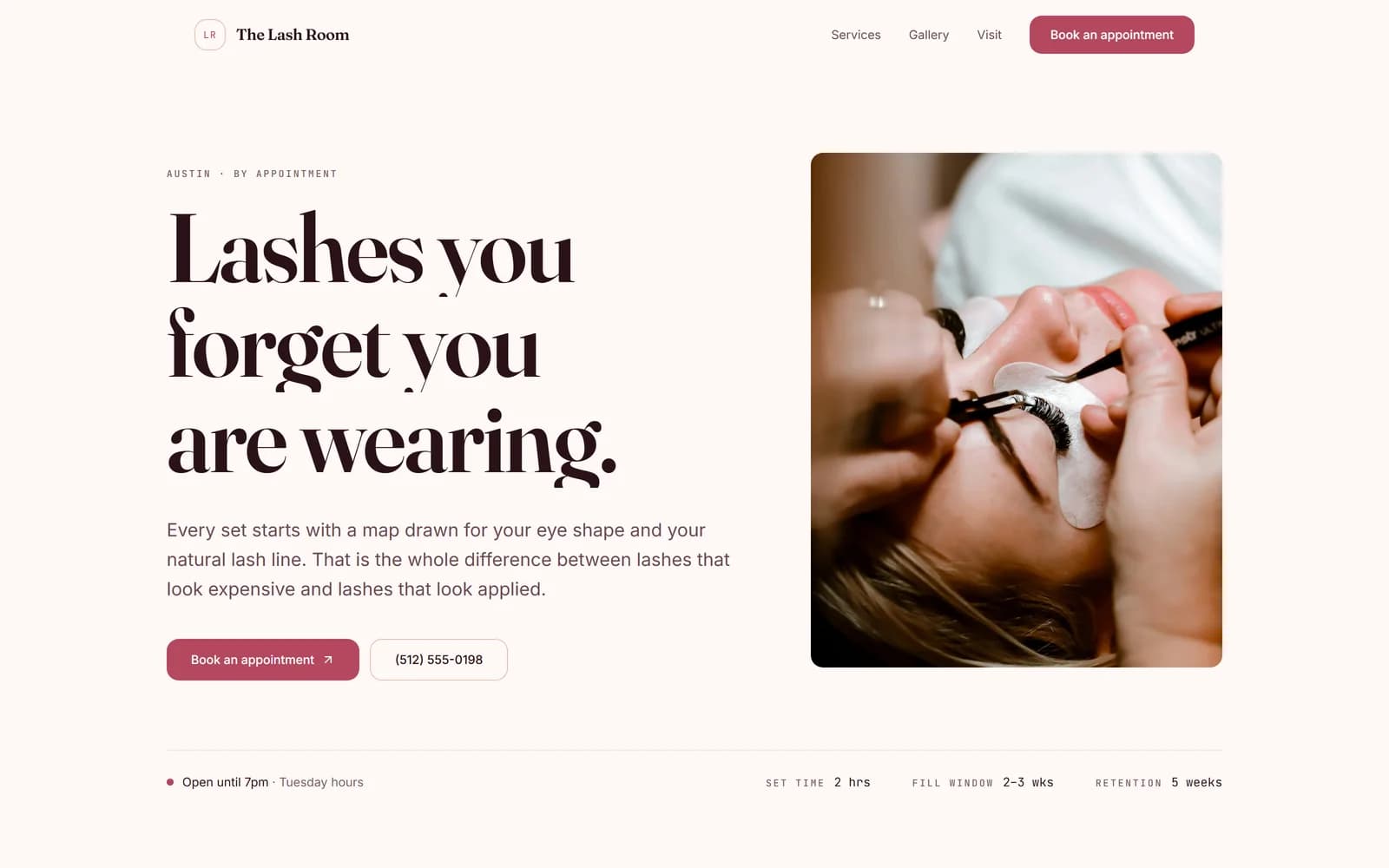 The Lash Room template home page — Rose theme, hero headline and the booking button in the header