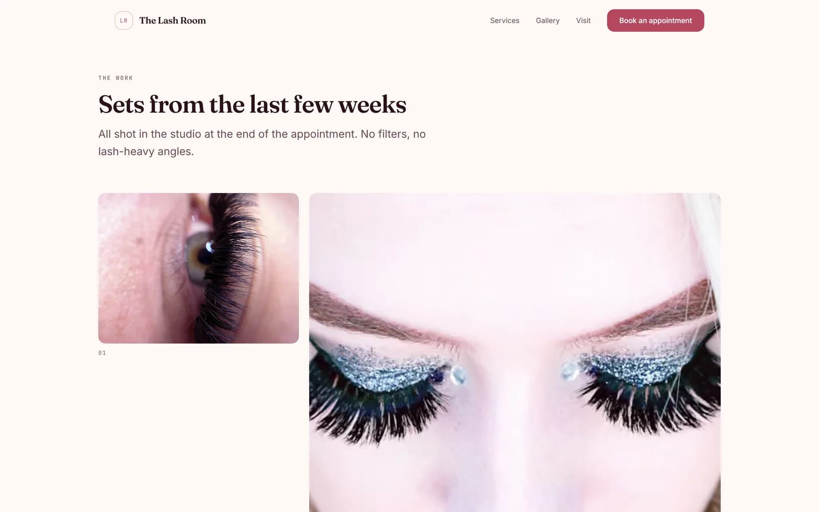 The Lash Room gallery page — the photography grid at full width