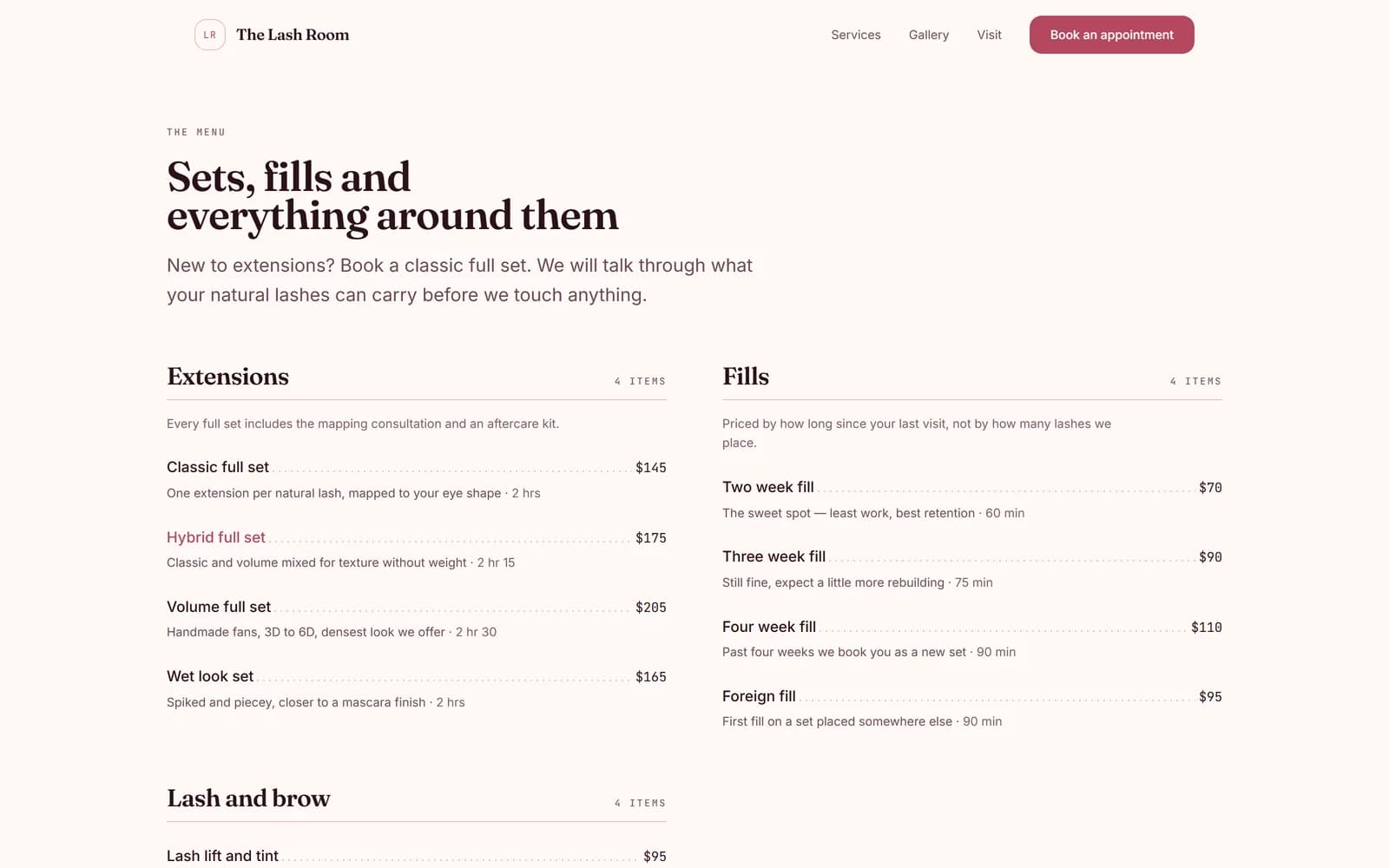 The Lash Room services page — the full menu with prices and durations