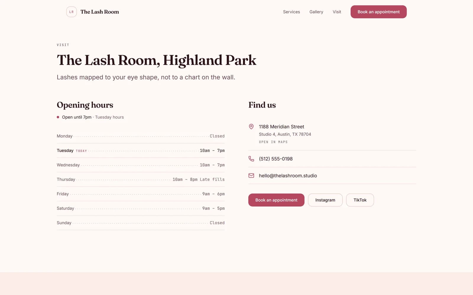 The Lash Room visit page — opening hours, address and contact details