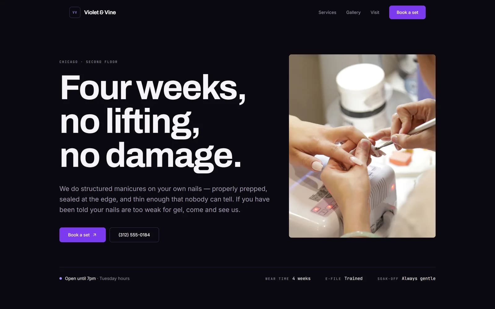 Violet & Vine template home page — Midnight theme, hero headline and the booking button in the header
