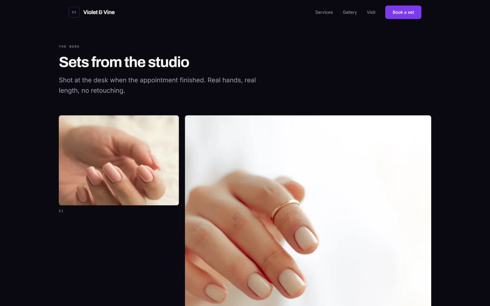 Violet & Vine gallery page — the photography grid at full width