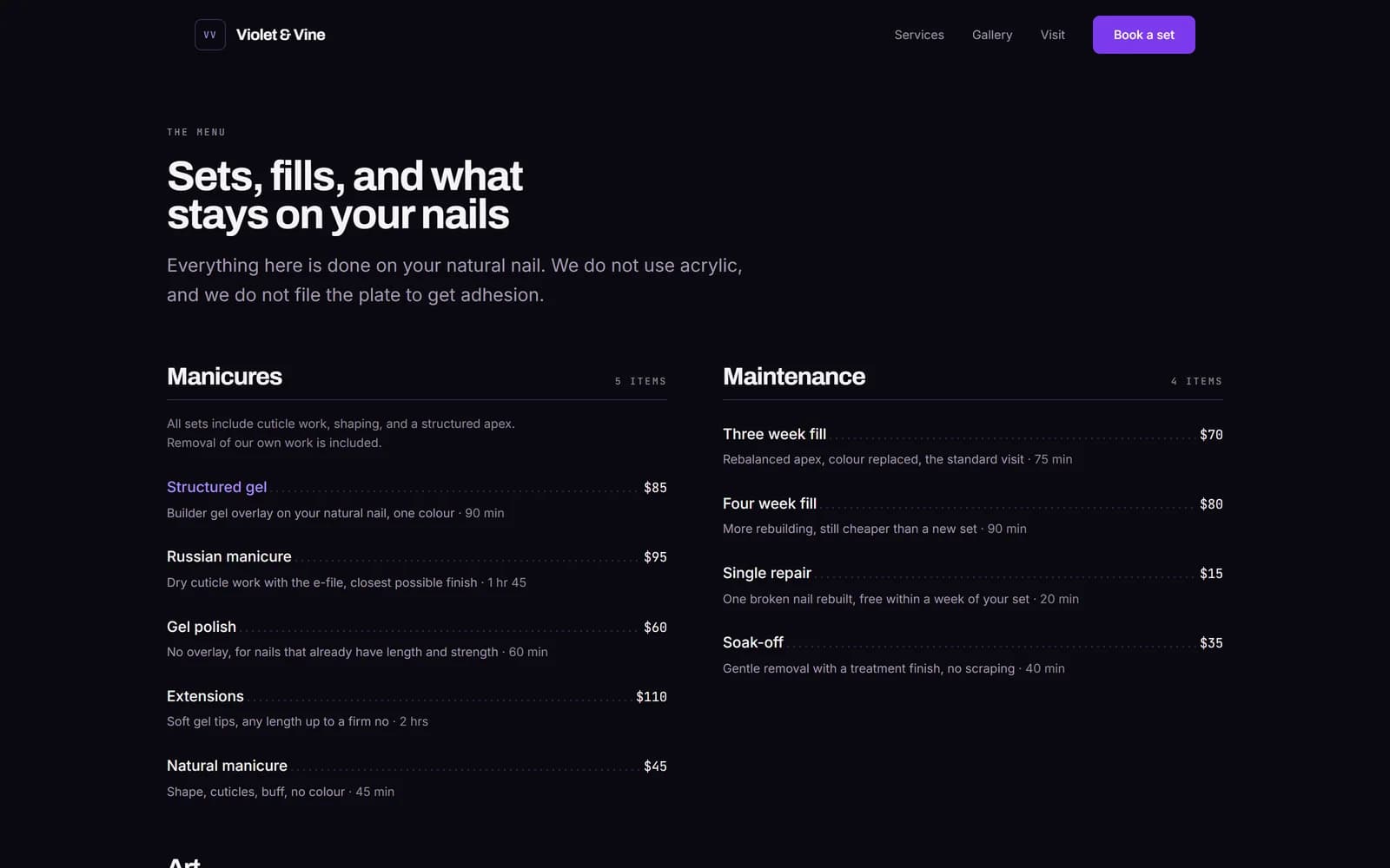 Violet & Vine services page — the full menu with prices and durations