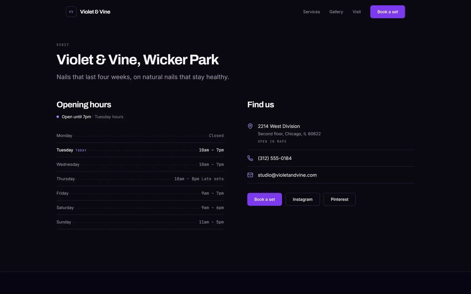 Violet & Vine visit page — opening hours, address and contact details