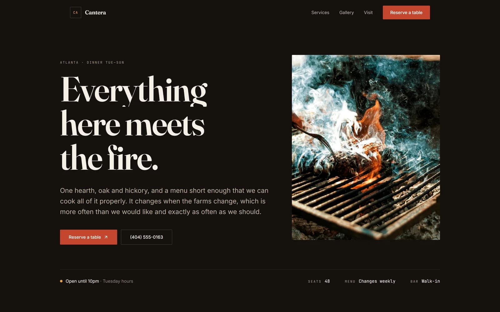 Cantera template home page — Ember theme, hero headline and the booking button in the header