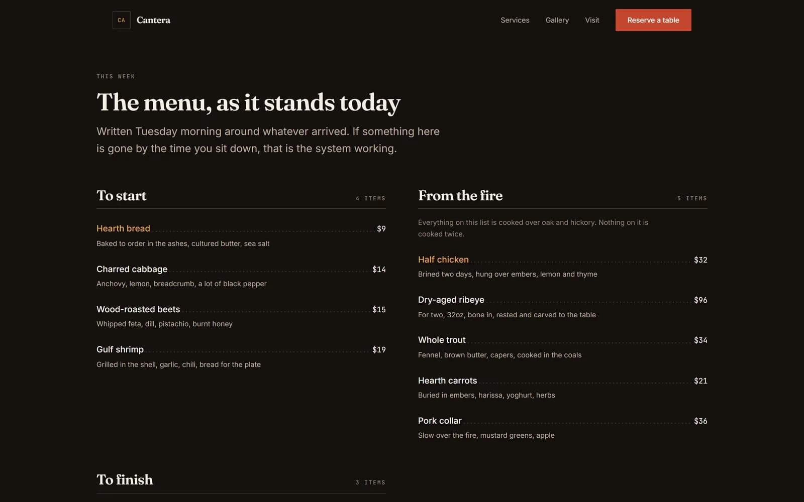 Cantera services page — the full menu with prices and durations