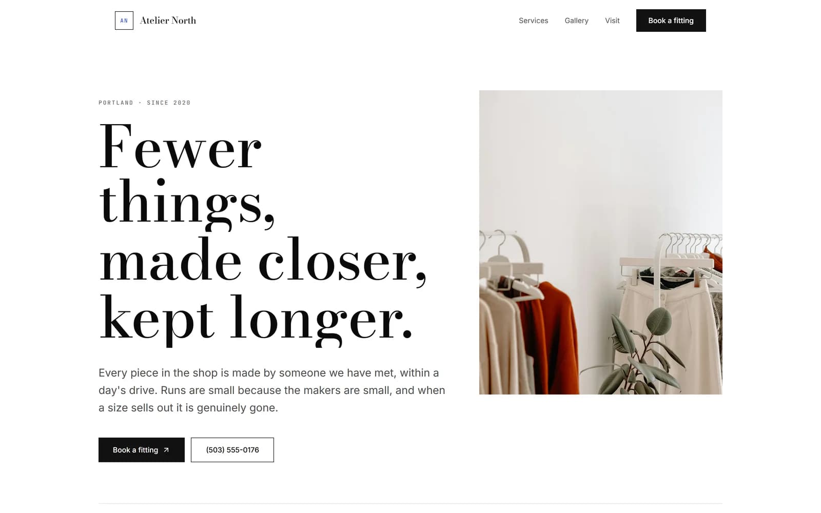 Atelier North template home page — Atelier theme, hero headline and the booking button in the header