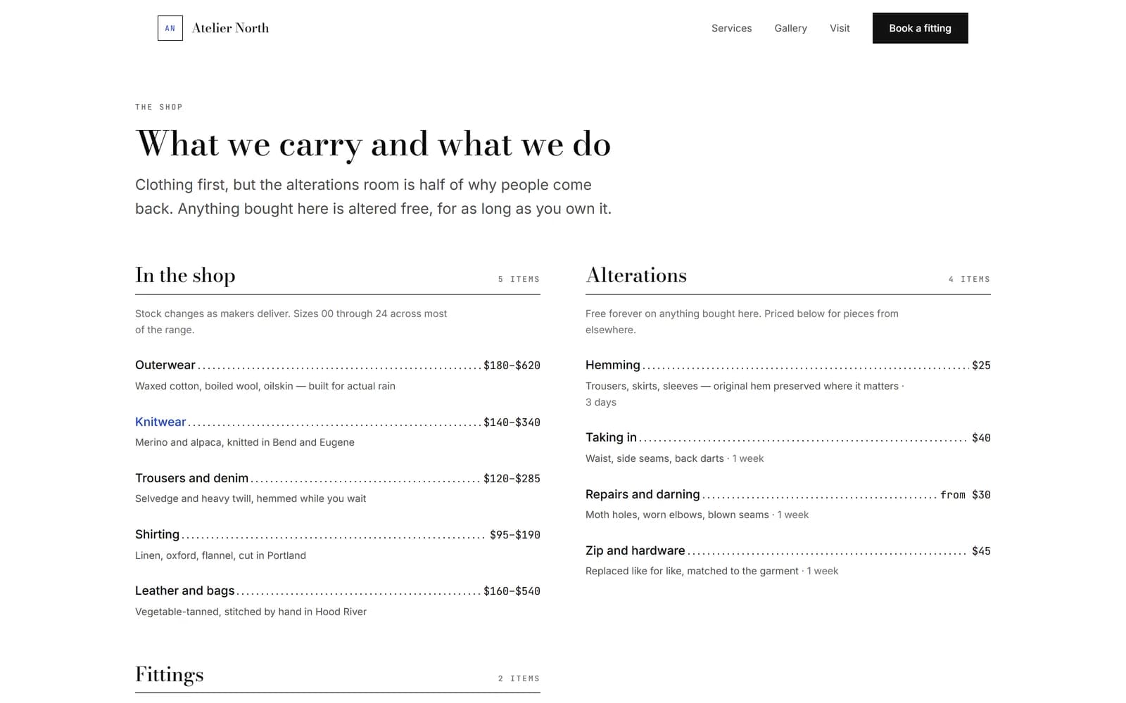 Atelier North services page — the full menu with prices and durations