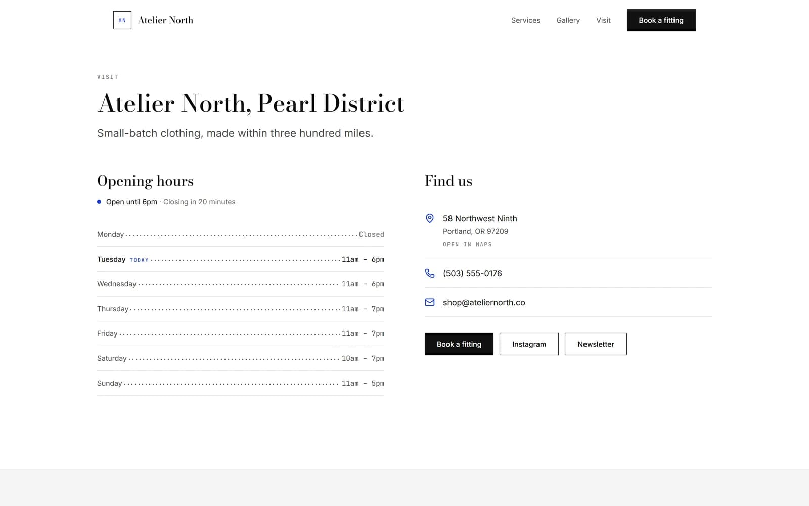 Atelier North visit page — opening hours, address and contact details